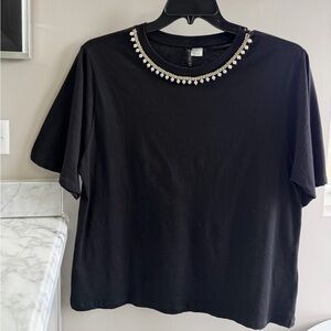 H&M Black Top with Pearl and Rhinestone Detail